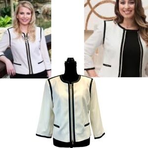 Calvin Klein White/Black Zip Up Lined Blazer Sz 10 career business professional